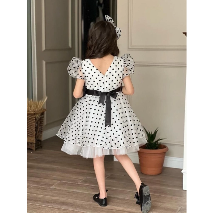 Puantiyeli Organze Balon Kol Kabarık Kız Çocuk Elbise