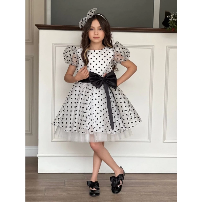 Puantiyeli Organze Balon Kol Kabarık Kız Çocuk Elbise