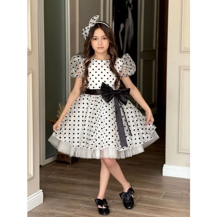 Puantiyeli Organze Balon Kol Kabarık Kız Çocuk Elbise