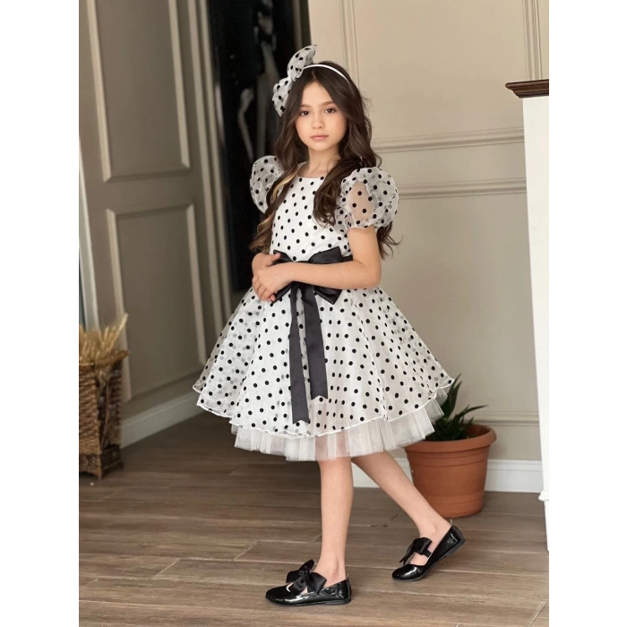 Puantiyeli Organze Balon Kol Kabarık Kız Çocuk Elbise