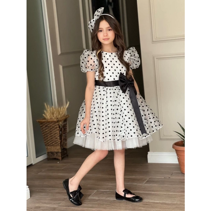 Puantiyeli Organze Balon Kol Kabarık Kız Çocuk Elbise