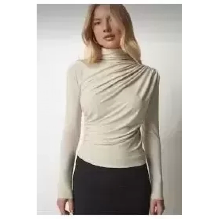 Sandy Yanları Büzgülü Balıkçı Yaka Bluz Bej