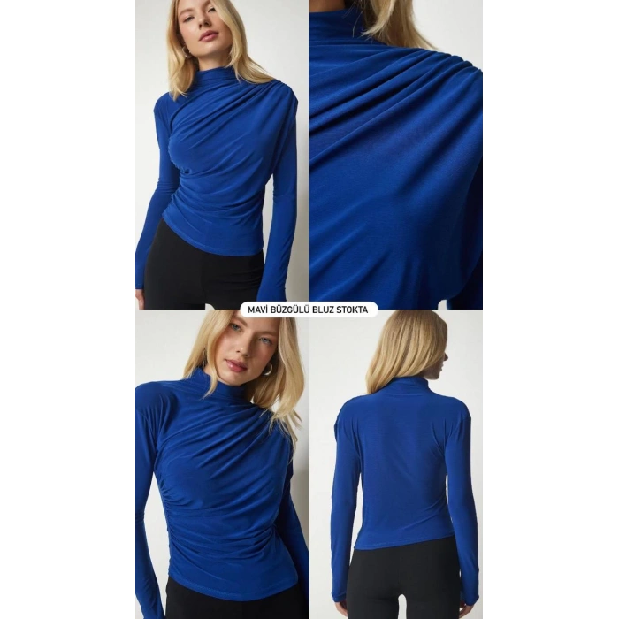 Sandy Yanları Büzgülü Balıkçı Yaka Bluz Mavi