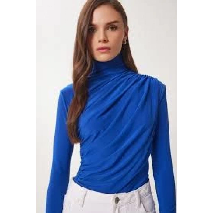 Sandy Yanları Büzgülü Balıkçı Yaka Bluz Mavi