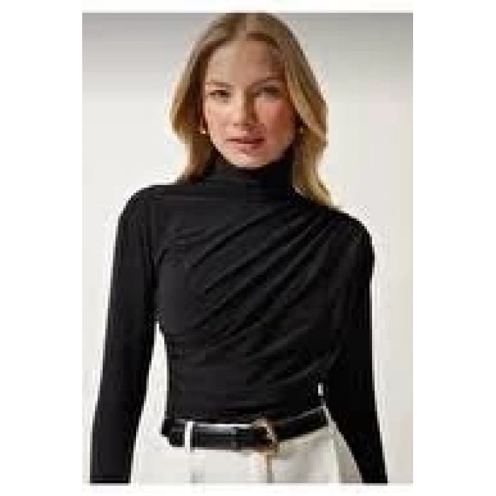 Sandy Yanları Büzgülü Balıkçı Yaka Bluz Siyah