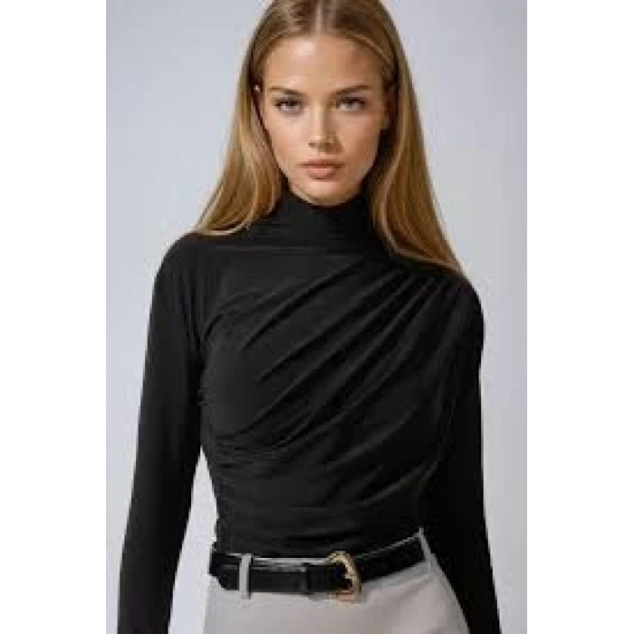 Sandy Yanları Büzgülü Balıkçı Yaka Bluz Siyah