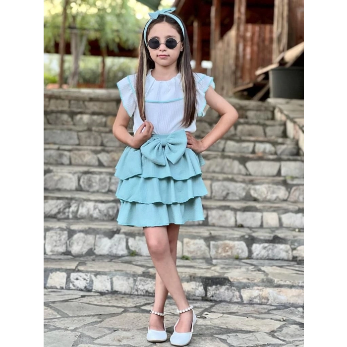 Su Yeşili Fırfırlı Etek Şal Yaka Gömlek Bandana Kız Çocuk Takım