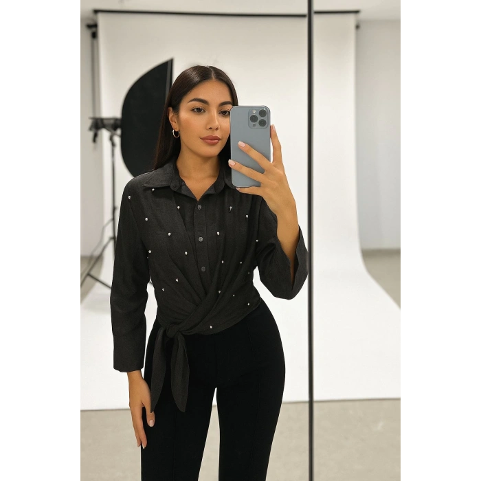 Tensel Kumaş İnci Çakma Detaylı Belden Bağlamalı Kadın Gömlek Siyah