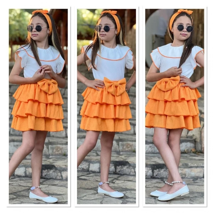 Turuncu Fırfırlı Etek Şal Yaka Gömlek Bandana Kız Çocuk Takım