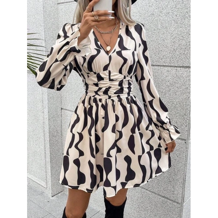 Uzun Kol Belden Lastikli Kloş Keşim Mikro Elbise