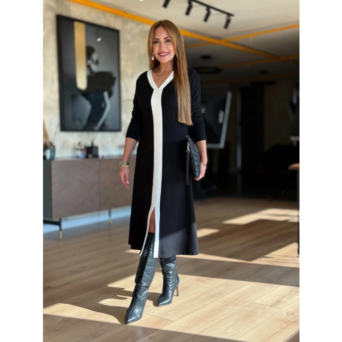 V YAKA GARNİLİ MODAL KUMAŞ ELBİSE