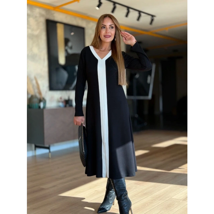 V YAKA GARNİLİ MODAL KUMAŞ ELBİSE