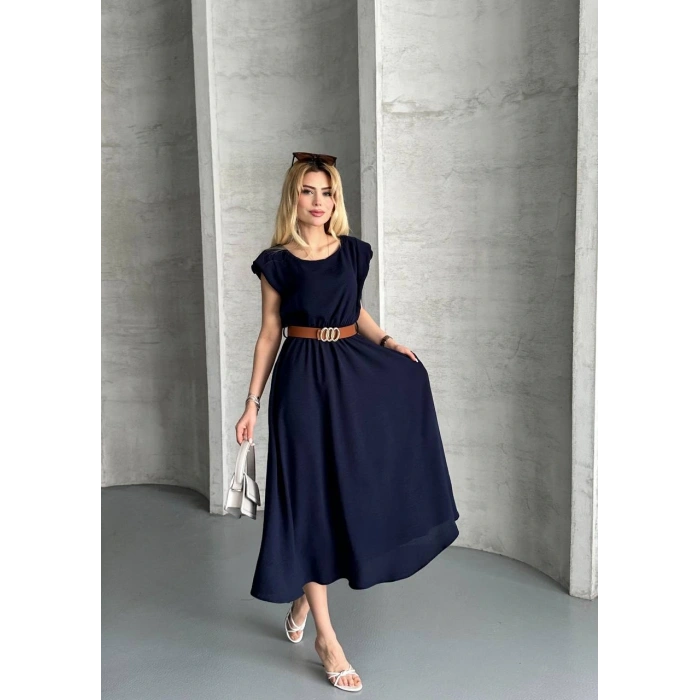 Vatkalı Aerobin Kumaş Cepli Kemerli Elbise Lacivert