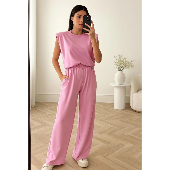 Vatkalı Modal Kumaş Düşük Omuz Bluz Beli Lastikli Cepli Salaş Pantolon