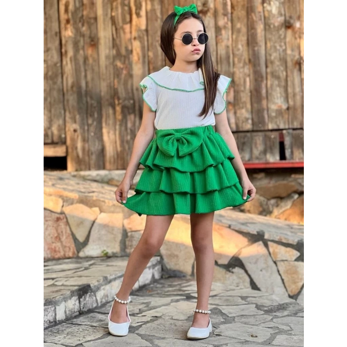 Yeşil Fırfırlı Etek Şal Yaka Gömlek Bandana Kız Çocuk Takım