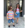 Kız Çocuk Kot Etek Çizgili T-Shırt Kemer Kombin