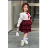 Kız Çocuk Uzun Kol Gömlek Fırfırlı Kadıfe Etek Bandana Takım Bordo