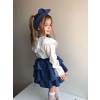 Kız Çocuk Uzun Kol Gömlek Fırfırlı Kadıfe Etek Bandana Takım Mavi