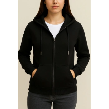 3 İp Şardonlu Kanguru Cepli Unısex Siyah Hırka