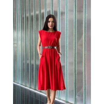 Vatkalı Aerobin Kumaş Cepli Kemerli Elbise Kırmızı