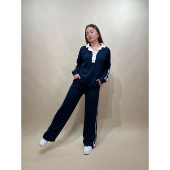 Polo Yaka Düğme Detaylı Cepli Beli Lastikli Kadın Alt Üst Takım