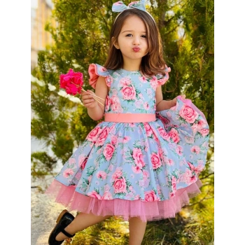 Çiçek Desenli Kız Çocuk Tüllü Kabarık Taç Hediyeli Elbise