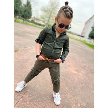 Erkek Çocuk Gabardin Haki Yeşil Gömlek Pantolon Takım