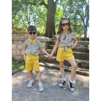 Erkek Çocuk Poplin Gömlek Papyon ve Şort Kombin