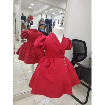 İnci Taçlı Kabarık Kız Çocuk Elbise Kırmızı