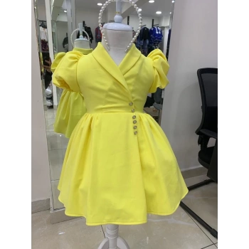 İnci Taçlı Kabarık Kız Çocuk Elbise Sarı