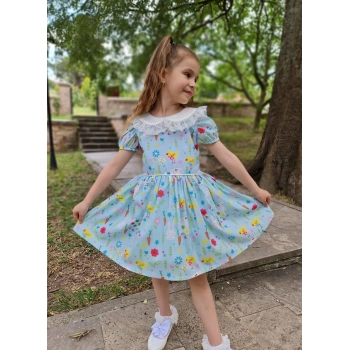 Kız Çocuk Desenli Tüllü Karpuz Kol Cepli Elbise