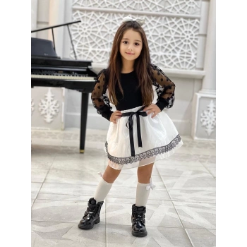 Kız Çocuk Kolları Dantel Bluz-Organze Kumaş Dantel Detaylı Kabarık Beyaz Etek