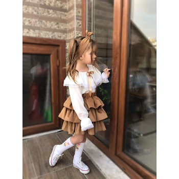 Kız Çocuk Uzun Kol Gömlek Fırfırlı Kadıfe Etek Bandana Takım