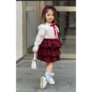 Kız Çocuk Uzun Kol Gömlek Fırfırlı Kadıfe Etek Bandana Takım Bordo