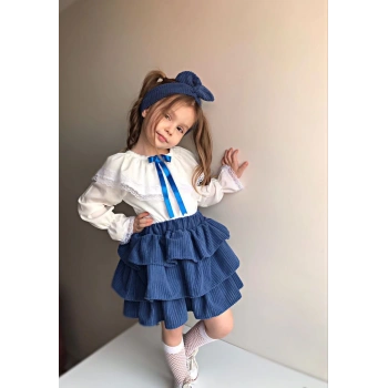Kız Çocuk Uzun Kol Gömlek Fırfırlı Kadıfe Etek Bandana Takım Mavi