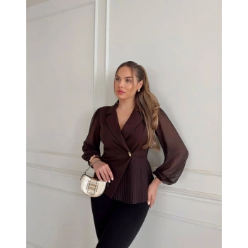 KURVAZE KESİM YANDAN PİLELİ ŞİFON KOLLU TEK DÜĞME GÖMLEK