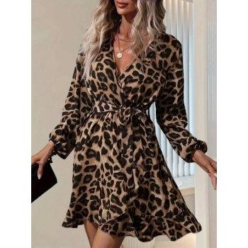 Leopar Desen Etek Kurvaze Belden Bağlamalı Mikro Kumaş Elbise