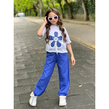 Mavi Paça Lastikli Bol Kesim Keten Pantolon Çiçek Nakışlı Pamuk Penye T-Shırt