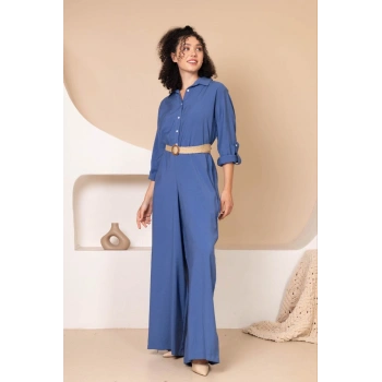 Müslin Rahat Kalıp Oversize Kadın Tulum İndigo