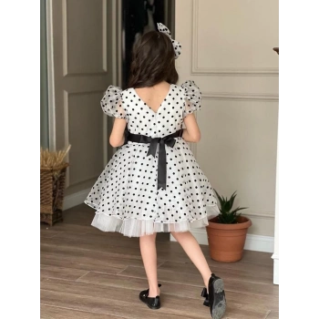 Puantiyeli Organze Balon Kol Kabarık Kız Çocuk Elbise