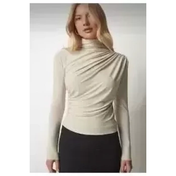 Sandy Yanları Büzgülü Balıkçı Yaka Bluz Bej