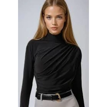 Sandy Yanları Büzgülü Balıkçı Yaka Bluz Siyah
