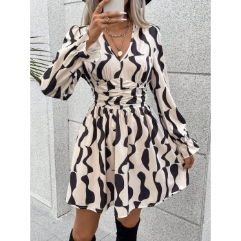 Uzun Kol Belden Lastikli Kloş Keşim Mikro Elbise