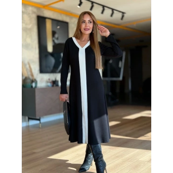 V YAKA GARNİLİ MODAL KUMAŞ ELBİSE