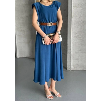 Vatkalı Aerobin Kumaş Cepli Kemerli Elbise İndigo