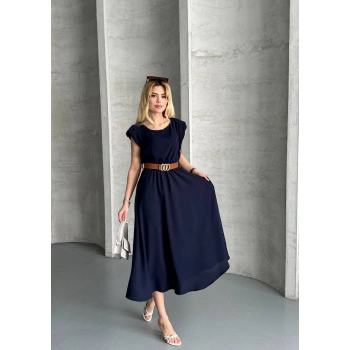 Vatkalı Aerobin Kumaş Cepli Kemerli Elbise Lacivert