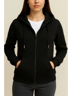 3 İp Şardonlu Kanguru Cepli Unısex Siyah Hırka