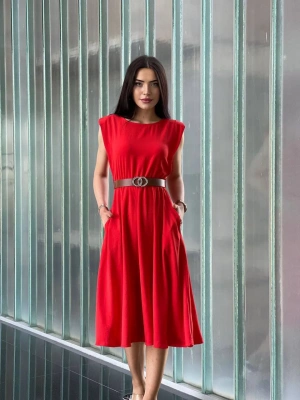 Vatkalı Aerobin Kumaş Cepli Kemerli Elbise Kırmızı