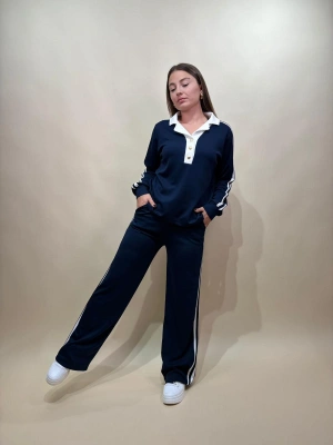 Polo Yaka Düğme Detaylı Cepli Beli Lastikli Kadın Alt Üst Takım