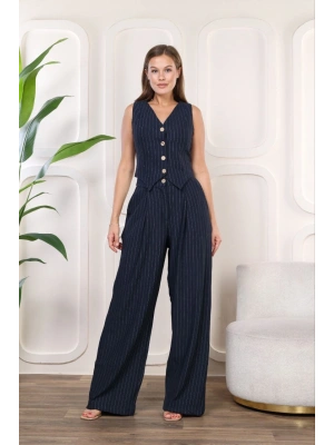 Bol Paça Pensli Pantolon Astarlo Kolsuz Yelek Takım Lacivert